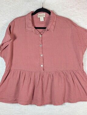 Anthropologie  Cynthia Rowley Pink Peplum Button-Front Women’s Top 💯 Linen